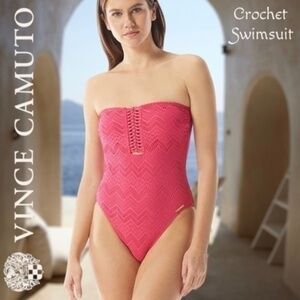 VINCE CAMUTO Crochet Lace One-Piece Removable Strap Bandeau Swimsuit NWT/Sz.12